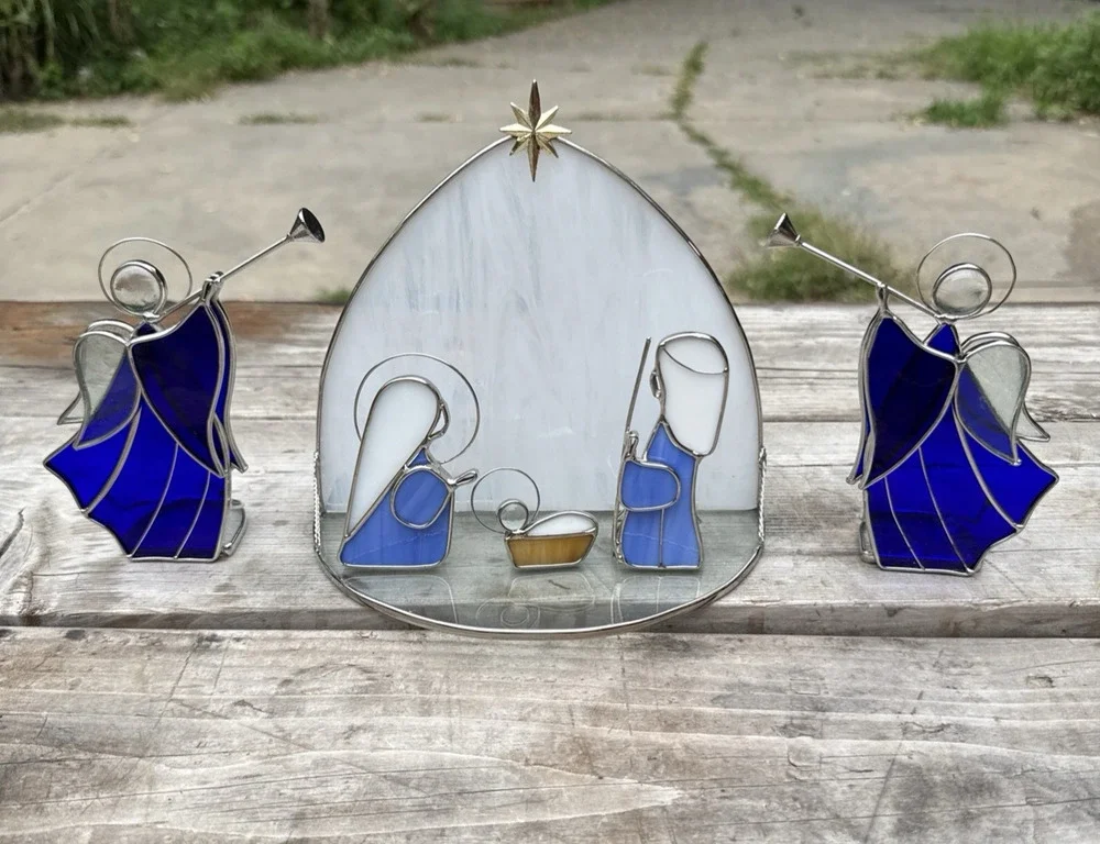Vintage Stained Glass Nativity Scene Jesus Joseph and Mary Figurines